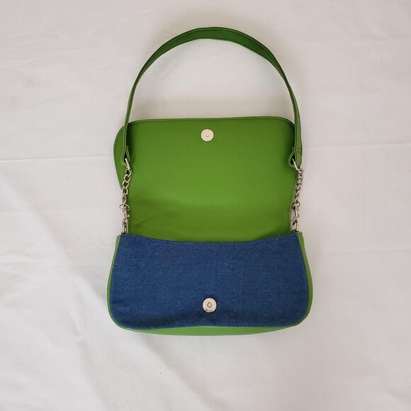 Bueno Gemstone Embellished Blue Green Denim Fabric Purse Tote Shoulder Bag - Picture 9 of 13